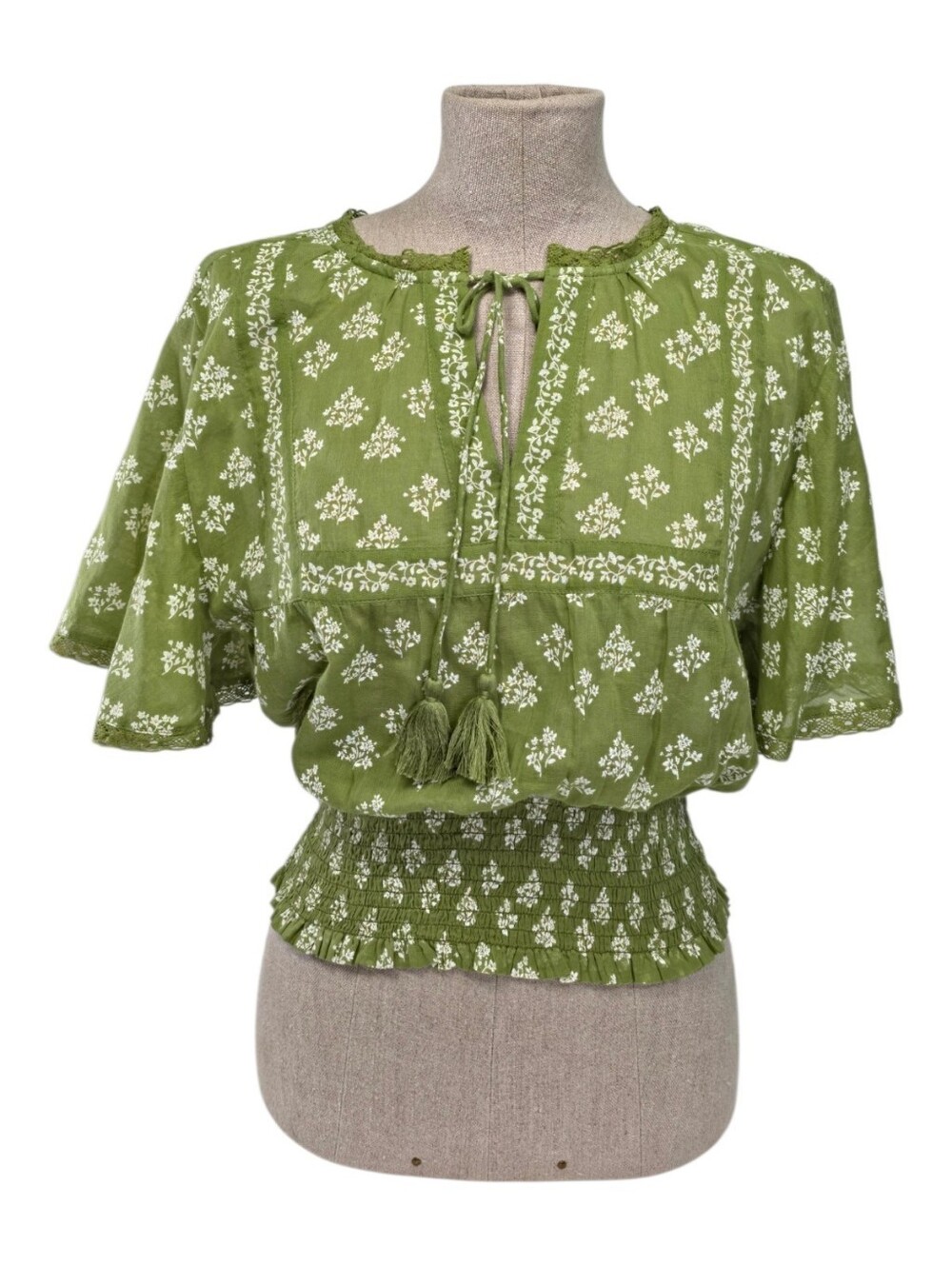 BILA 77 Womens Boho Floral Cotton Blouse Green Smocked Waist Tassel Top XS